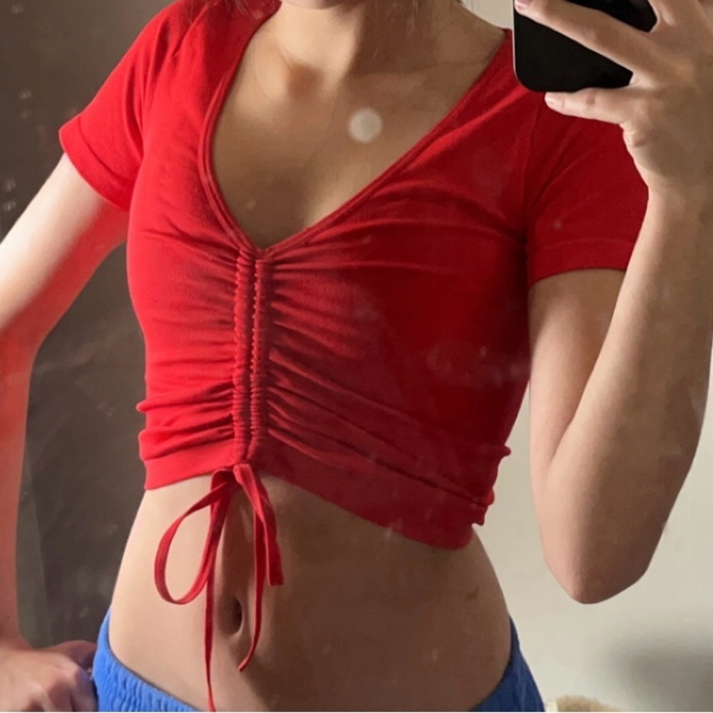 Forever 21 Fitted Red Ruched V-Neck Top